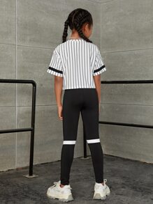 SHEIN Girls Striped & Letter Graphic Tee & Colourblock Leggings - Black and White - View 2