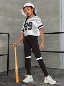 SHEIN Girls Striped & Letter Graphic Tee & Colourblock Leggings - Black and White - View 3