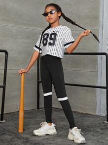 SHEIN Girls Striped & Letter Graphic Tee & Colourblock Leggings - Black and White - View 5