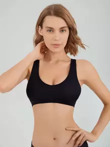 Ribbed Knit Wireless Bra - Black - View 4