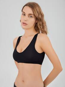 Ribbed Knit Wireless Bra - Black - View 5