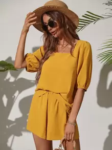 Square Neck Puff Sleeve Top & Shorts - Yellow - View 1