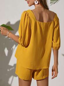 Square Neck Puff Sleeve Top & Shorts - Yellow - View 2