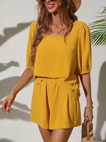 Square Neck Puff Sleeve Top & Shorts - Yellow - View 3