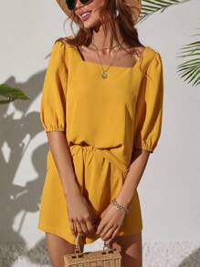 Square Neck Puff Sleeve Top & Shorts - Yellow - View 4