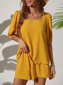 Square Neck Puff Sleeve Top & Shorts - Yellow - View 5