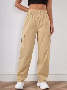 SHEIN LUNE Pantalones cargo de cintura elástica con cadena - Caqui - Ver 4