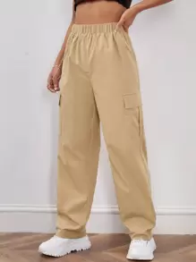 SHEIN LUNE Pantalones cargo de cintura elástica con cadena - Caqui - Ver 5