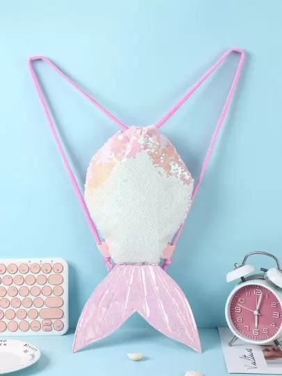 美人魚亮片閃片抽繩背包，適合兒童旅遊、禮物贈送和跨境活動