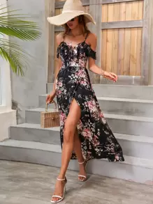 Breezaya 印花挖肩前繫帶圍裹式洋裝