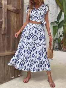 Breezaya Allover Print Butterfly Sleeve Knot Side Top & Ruffle Hem Skirt - Blue and White - View 1