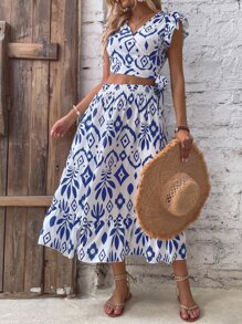 Breezaya Allover Print Butterfly Sleeve Knot Side Top & Ruffle Hem Skirt - Blue and White - View 3
