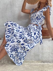 Breezaya Allover Print Butterfly Sleeve Knot Side Top & Ruffle Hem Skirt - Blue and White - View 7