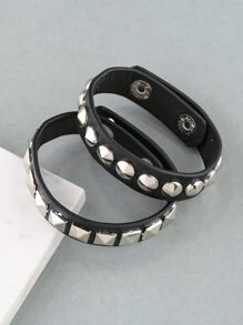 Fashionable and Popular 2pcs Men Studded Decor Bracelet PU for Vacation and for a Stylish Look