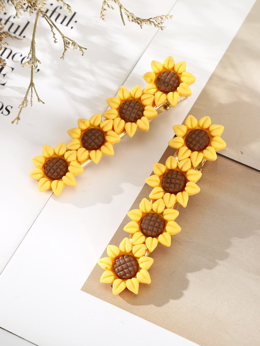 2pcs Sunflower Hair Clips Suitable For Daily Wear - Yellow - View 1