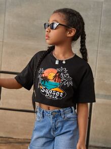 SHEIN 女孩棕櫚樹和字母圖案落肩T恤 - 黑色 - 查看 3