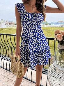 Đầm Viên lá sen Thắt nơ trước Nếp gấp Phần Ngực Hoa Tất cả trên in Boho - Nhiều màu - Xem 4