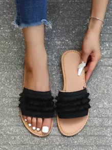 Dép đế bằng ngoài trời thời trang dành cho nữ, Xăng đan bằng da nhân tạo có viền trang trí hở ngón - màu đen - Xem 1