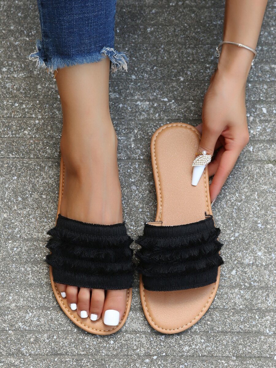 Dép đế bằng ngoài trời thời trang dành cho nữ, Xăng đan bằng da nhân tạo có viền trang trí hở ngón - màu đen - Xem 1