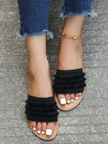 Dép đế bằng ngoài trời thời trang dành cho nữ, Xăng đan bằng da nhân tạo có viền trang trí hở ngón - màu đen - Xem 7