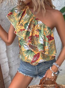 SHEIN VCAY Tropical Print One Shoulder Ruffle Trim Blouse - Multicolor - View 1