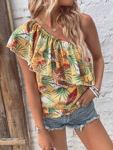 SHEIN VCAY Tropical Print One Shoulder Ruffle Trim Blouse - Multicolor - View 4