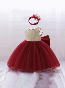 女童亮片网纱缎面露背蝴蝶结薄纱连衣裙，优雅正式派对礼服，附赠发带 - 彩色 - 查看 3