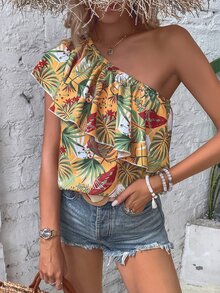 SHEIN VCAY Tropical Print One Shoulder Ruffle Trim Blouse - Multicolor - View 5