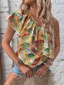 SHEIN VCAY Tropical Print One Shoulder Ruffle Trim Blouse - Multicolor - View 6