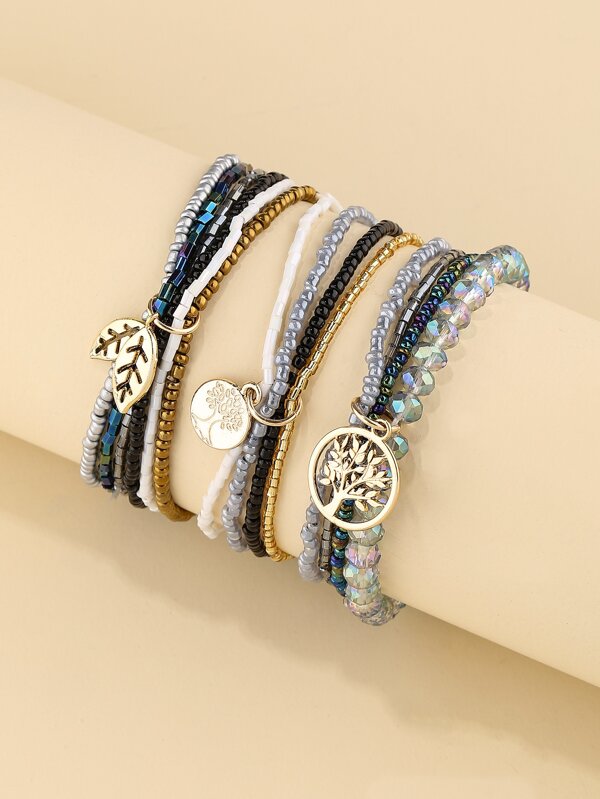 3pcs Tree & Leaf Charm Layered Bracelet