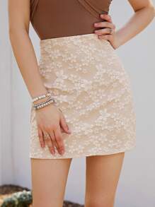 INAWLY Floral Jacquard Zipper Side Skirt - Apricot - View 1