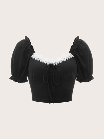 Contrast Lace Puff Sleeve Tee