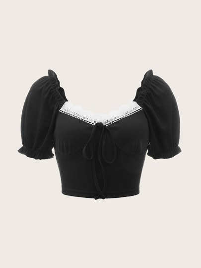 Contrast Lace Puff Sleeve Tee