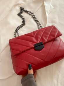 Chevron Detail Flap Chain Shoulder Bag - Burgundy - View 4