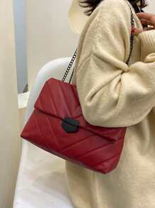 Chevron Detail Flap Chain Shoulder Bag - Burgundy - View 5