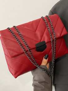 Chevron Detail Flap Chain Shoulder Bag - Burgundy - View 6