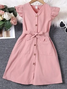 SHEIN Đầm Gái Thắt lưng Túi Xù Nút phía trước màu trơn Ăn mặc đẹp - Bụi hồng - Xem 1