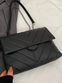 Waterproof,Lightweight,Business Casual Chevron Detail Flap Chain Square Bag For Teen Girls Women College Students,Rookies & White-collar Workers Perfect for Office,College,Work ,Business,Commute - Black - View 3