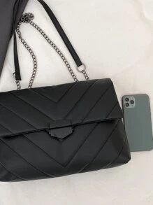 Waterproof,Lightweight,Business Casual Chevron Detail Flap Chain Square Bag For Teen Girls Women College Students,Rookies & White-collar Workers Perfect for Office,College,Work ,Business,Commute - Black - View 6