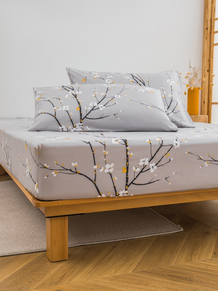 Soft Microfiber Fitted Sheet Sets With Floral Pattern - Best Luxury 2/3 Piece White Bed Sheets - Includes 1 Fitted Sheet + 1/2 Pillowcases - Cheap And High Quality - Mattress Cover Available In Twin King Single Queen Double Full Sizes - Multicolor - View 1