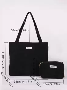 2pcs Patch Detail Corduroy Shoulder Tote Bag With Square Bag School Bag Set For Graduate,Teen Girls,Freshman,Sophomore,Junior & Senior In College,University & High School,Perfect For Outdoors,Travel & Back To School,School Bag,Portable,Large Capacity,For Teen Girls Women College Students,Perfect For Office,College,Elementary School,Middle School,High School,Work,Business,Commute, School Bag With Pouch For Women - Black - View 7