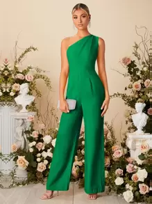 SHEIN Belle One Shoulder Wide Leg Jumpsuit - Green - View 1