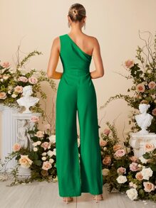 SHEIN Belle One Shoulder Wide Leg Jumpsuit - Green - View 2