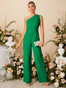 SHEIN Belle One Shoulder Wide Leg Jumpsuit - Green - View 3