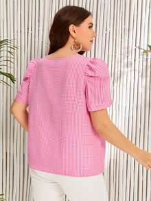 Blusa de guingán de manga farol - Rosa - Ver 2