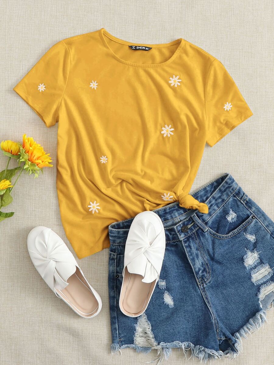 SHEIN EZwear Mùa hè Thêu hoa Ngắn tay Áo thun