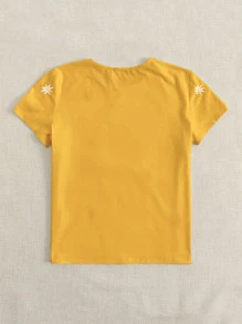 SHEIN EZwear Mùa hè Thêu hoa Ngắn tay Áo thun - Màu vàng - Xem 3