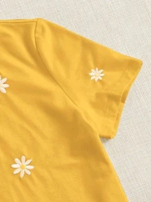 SHEIN EZwear Mùa hè Thêu hoa Ngắn tay Áo thun - Màu vàng - Xem 4