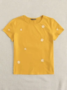 SHEIN EZwear Mùa hè Thêu hoa Ngắn tay Áo thun - Màu vàng - Xem 5