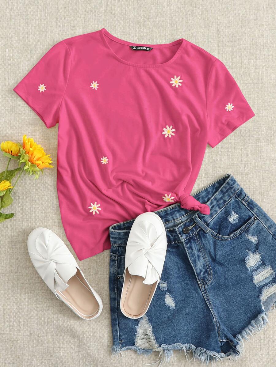 SHEIN EZwear 花卉刺繡短袖t恤 - 粉色 - 查看 1